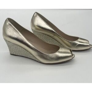 LK BENNETT Gold Leather Shoes Platform Wedges Heels Sz 39.5 Metallic Open Toe